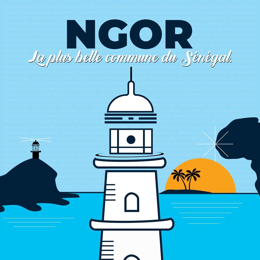 Illustration touristique de Ngor avec le phare, la mer et l'île